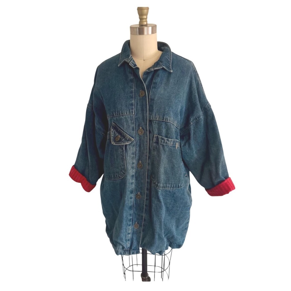 Vintage Denim Chore Coat Red Striped Lining Blue Oversized Jean Jacket One Size